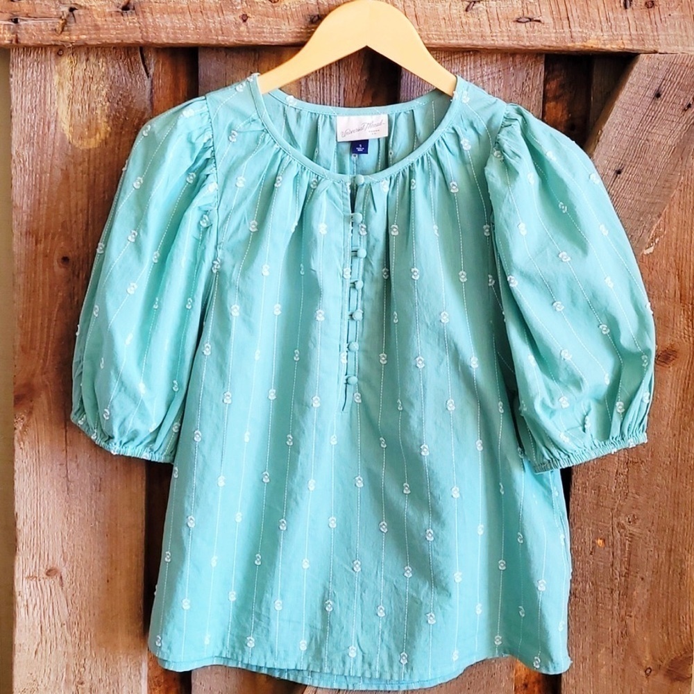 Universal Treads Boho Peasant Mint Embroidered Puff Sleeve Button Blouse M